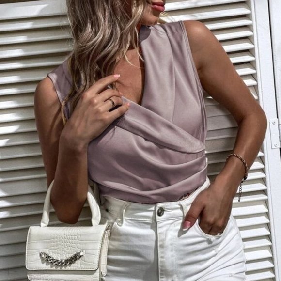 Satin Shawl Collar Asymmetrical Hem Blouse Mauve purple - Picture 7 of 7